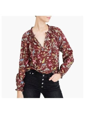 J. Crew Point Sur Ruffle Neck Popover Top Menagerie Bird Print XS NWT